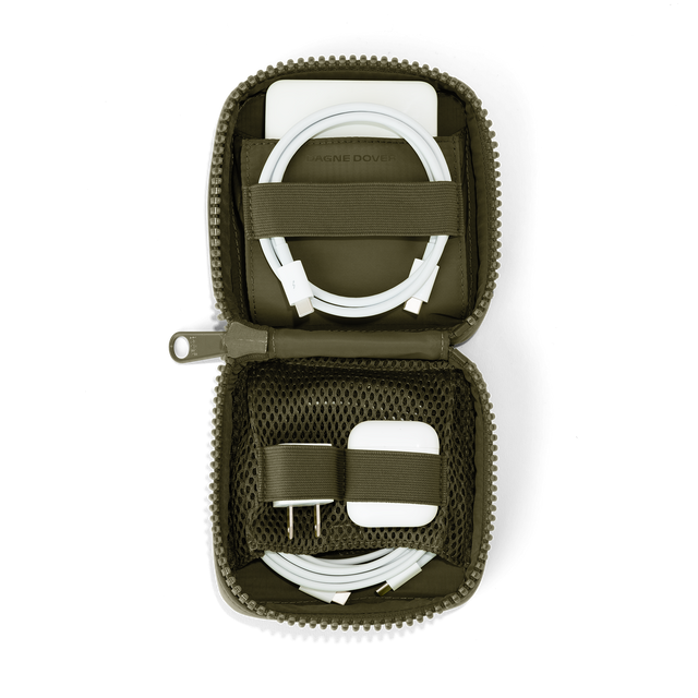 hover - Dagne Dover small Arlo Tech Organizer in dark green unzipped, revealing the interior elastic loops and airmesh pockets.