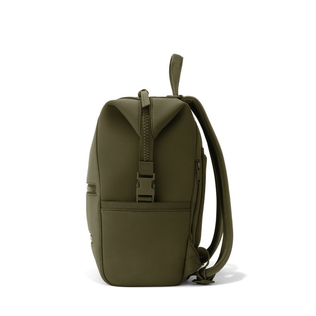 Dagne Dover Medium Indi Diaper Backpack in dark green seen from the side.