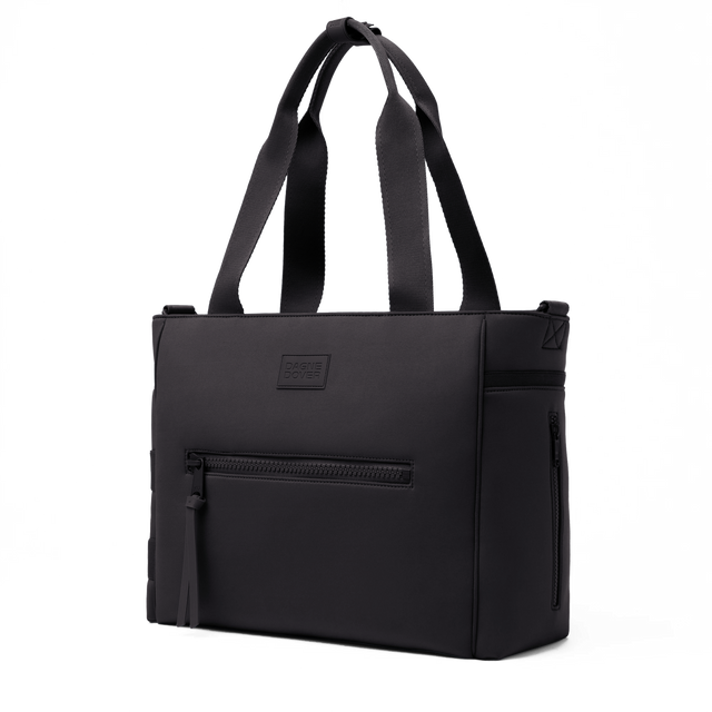 Dagne Dover large Wade Diaper Tote in black seen from an angle.